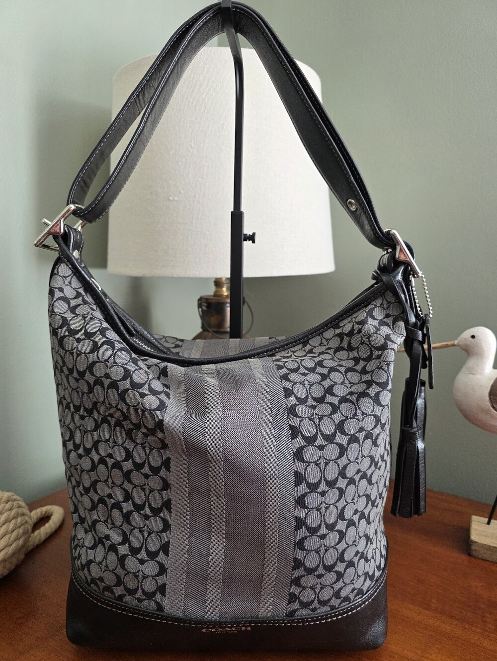 Coach 19918 Legacy Signature Jacquard Duffle Hobo Shoulder Bag Black Gray Y2K